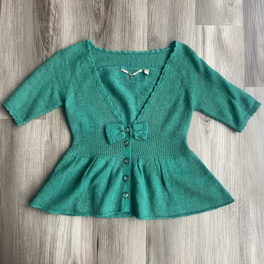 Anthropologie Knitted & Knotted‎ Kelly Green Wool Mohair Blend Bow Cardigan XS